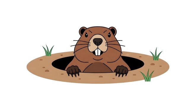 Cute cartoon beaver emerging from burrow in natural earthen setting with green grass and water