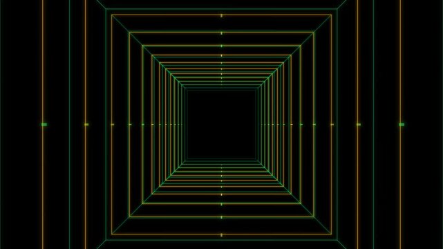 Futuristic digital green tunnel of neon square lines