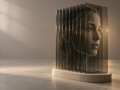 Surrealistic female portrait sculpture split by glass panes