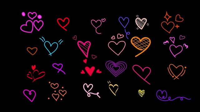 Hand drawn neon hearts animation set featuring colorful doodle symbols for romantic video editing project work