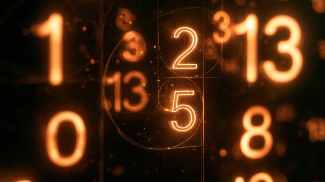 Glowing Fibonacci sequence numbers 1 1 2 3 5 8 13 appear in dark space, representing mathematical patterns for educational purposes.