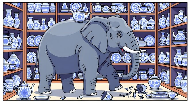 Whimsical elephant standing among shelves of identical blue humanoid figures in a surreal library setting
