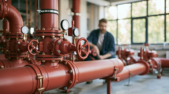 Engineer Inspects Red Fire Booster Pump Piping