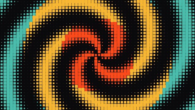 Abstract spiral pattern made of orange, yellow, and blue squares on a dark background, dynamic geometric with a halftone effect