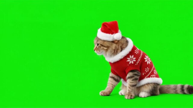 Tabby cat wearing a red Christmas sweater and Santa hat sitting against a green screen background