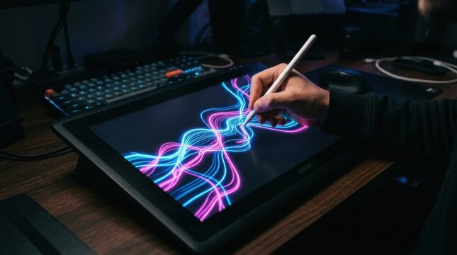 Digital artist drawing neon abstract waves on graphics tablet