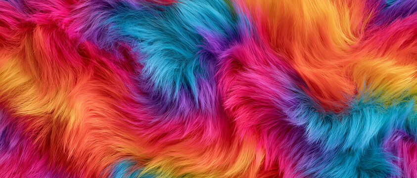 Vibrant and soft multi-colored faux fur texture showcasing a seamless spectrum of bright hues, creating a playful and fluffy abstract background ideal for design projects and creative