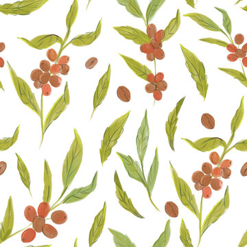 Coffee plant  illustration, hand-drawn, realistic sketch seamless pattern
