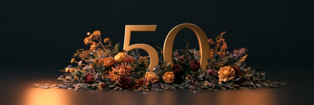 A golden number 50 surrounded by flowers sits on a dark background. The warm amber light highlights the flowers and the number for a gala.