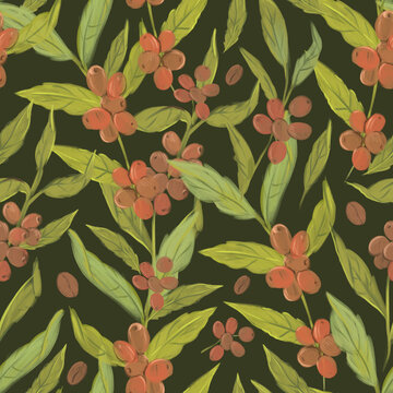 Coffee plant  illustration, hand-drawn, realistic sketch seamless pattern