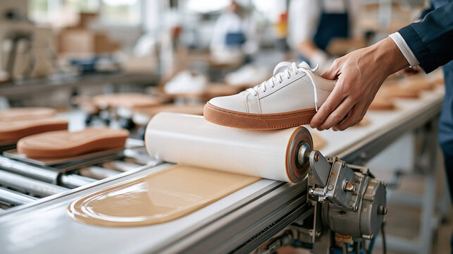 Worker Fitting A Shoe Upper On A Production Machine