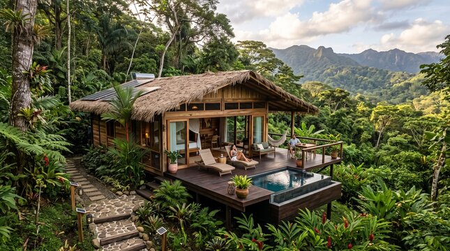 luxury eco resort wooden cabin with pool in tropical jungle