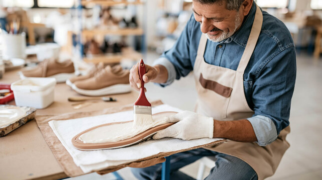 Artisan Applying Finish To Leather Shoe By Hand