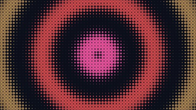 Concentric circular halftone pattern with red and gold dots on a dark background, radial for digital and screen