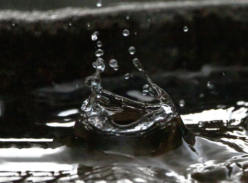 Closeup of a Raindrop Striking Water with Recoil