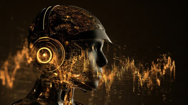 A 3D render displays a robotic advisor highlighting algorithmic investment management with amber elements against a dark background.