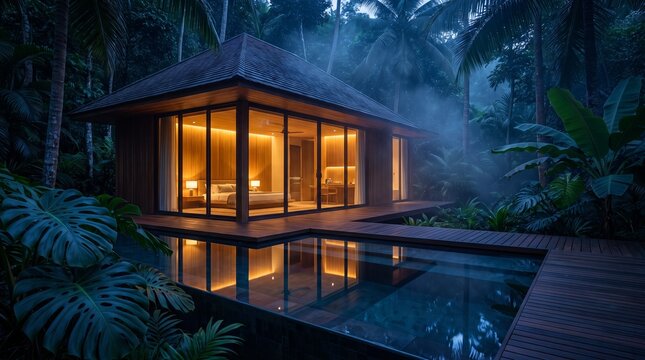 cozy wooden resort bungalow with illuminated pool in tropical jungle