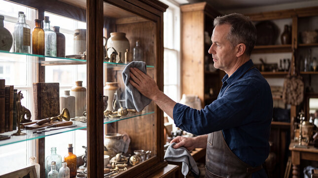 A male store owner carefully dusts glass display cabinets in a vintage antique shop, small business maintenance routine, curio retail trade, historical artifact collection preservation.