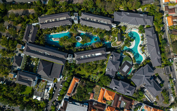 Aerial view of Marriott's Bali Nusa Dua Gardens featuring swimming pools, lush tropical gardens, and resort buildings in Kecamatan Kuta Selatan, Bali, Indonesia.