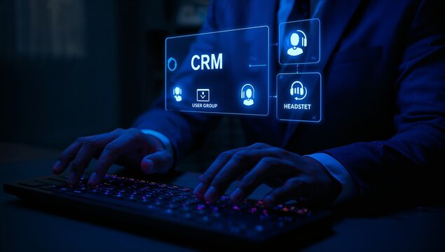 Customer relationship management system. Businesswoman using CRM software to organize client data, automate communication, support service teams, manage contacts, and improve sales workflow efficiency