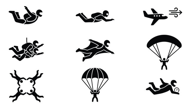 Skydivers and parachutists performing aerial maneuvers depicted as bold black vector icons set against a clean stark white isolated background