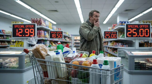 Shocked middle-aged man touching face in disbelief while grocery shopping in supermarke surrounded  special offer price signs showing rising costs, inflation and cost of living crisis concept.