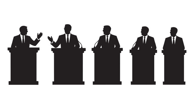 Five Politicians Speaking at Debate Podiums in Silhouette