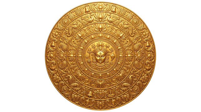 Intricate golden aztec calendar stone isolated on a black background representing ancient history