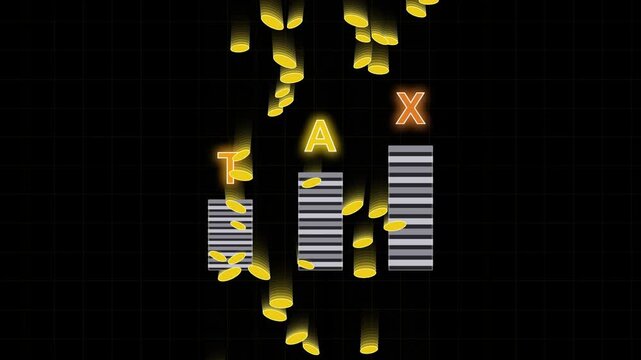 Tax revenue growth concept with falling gold coins and bar charts with motion background