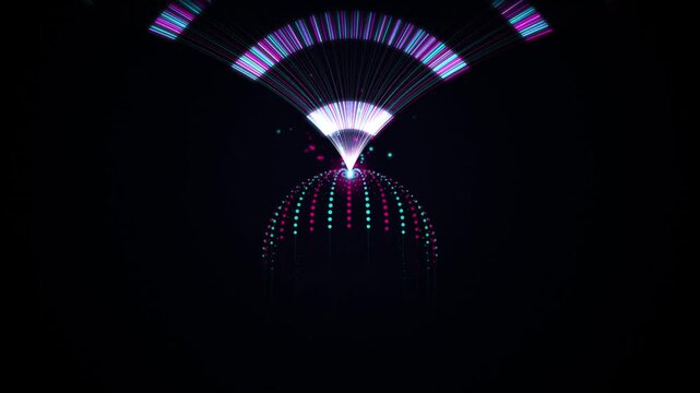 Neon digital dome abstract motion background with pulsing light particles