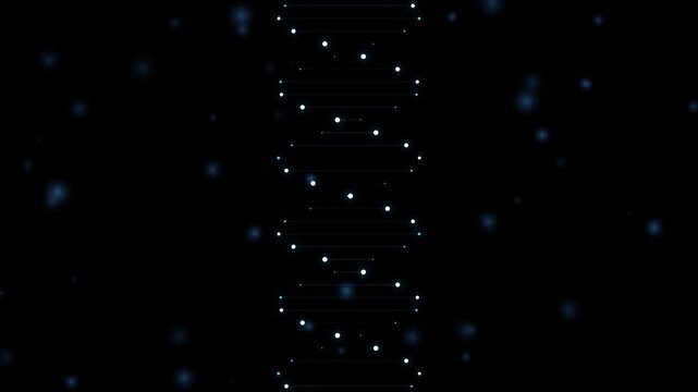 Rotating DNA helix animation with glowing particles science background