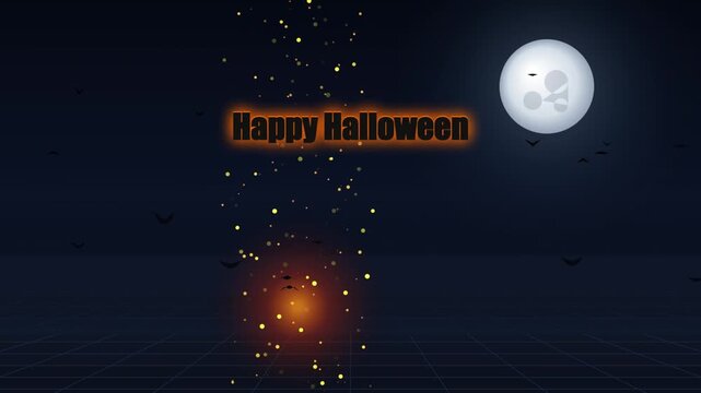 Happy halloween greeting with glowing particles and full moon night sky background