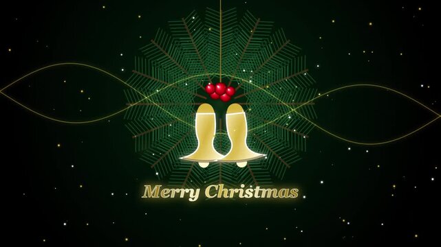 Merry Christmas greeting with golden bells and festive holiday particles