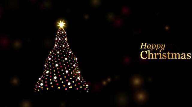 Animated Christmas tree with glowing lights and happy Christmas greeting