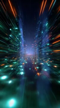 Futuristic light speed tunnel with glowing particles and vibrant neon streaks creating a sense of rapid motion. Abstract digital background evokes technology, innovation, and sci fi energy