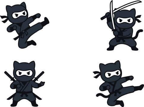 Cute ninja cat character set in various action poses