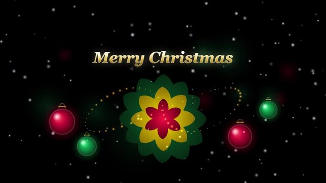 Merry Christmas animated greeting with festive ornaments and falling snow motion background