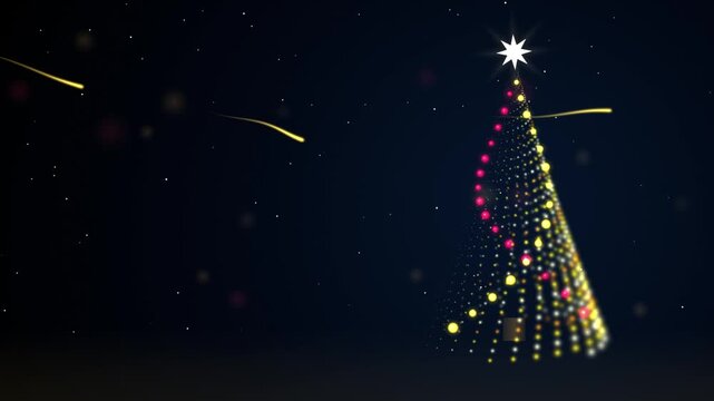 Animated Christmas tree with glowing particles and golden light trails motion background 