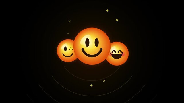 Animated glowing emojis with sparkling stars on dark background