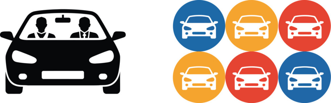 Carpool people car icon set, ride sharing symbols featuring passengers vehicles group travel mobility services and transportation applications.