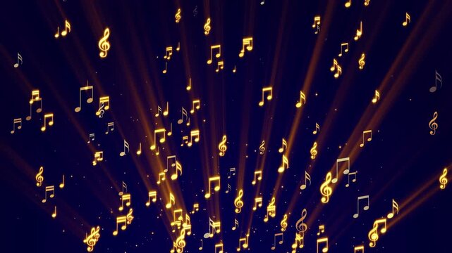 golden music note and shiny glittering gold stars with light rays animation , musical concert and song social media motion background