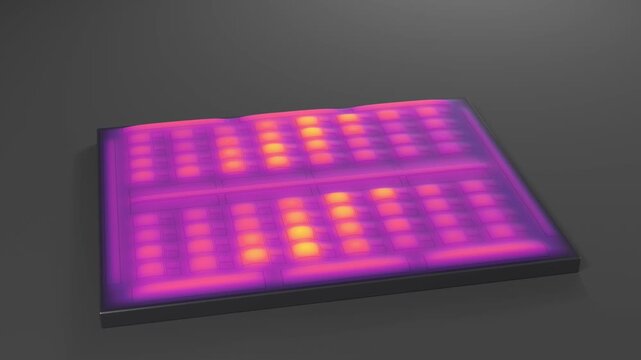 3D heat map of computer chip temperature under load and cooling
