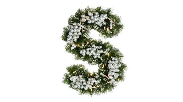Isolated festive Christmas letter S made of green pine garland with silver berries