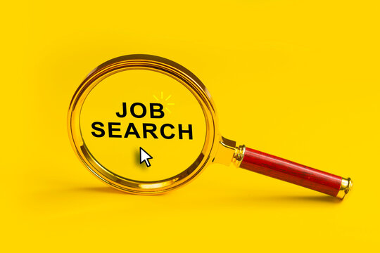 Magnifying glass focusing on Job Search text with cursor pointer on yellow background. Online employment recruitment, career opportunities, headhunting and human resources concept.