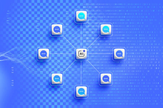 AI chatbot network with connected messaging icons, binary code and data visualization on a blue digital background. Artificial intelligence, automated communication and connected technology concept.