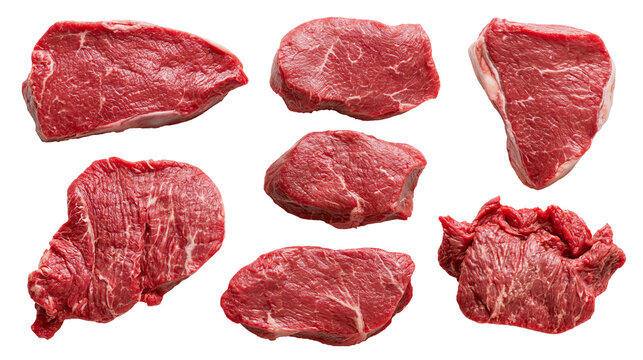 Isolated collection of various fresh raw red beef meat cuts for cooking and grilling