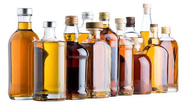 Isolated row of various clear glass bottles filled with golden and amber alcoholic spirits