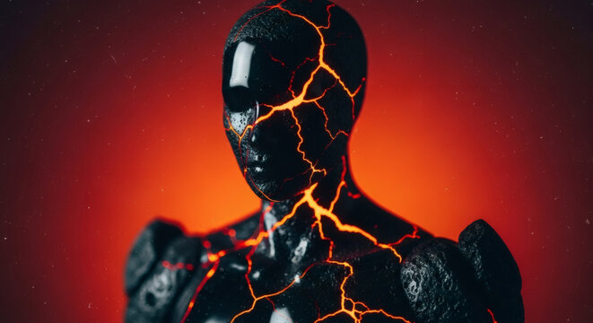 Cracked Lava Effect Sculpture With Fiery Background
