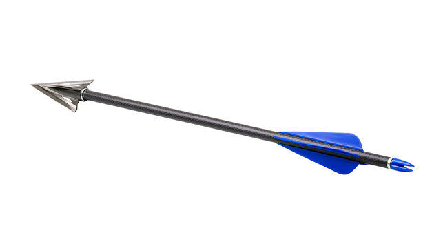 Isolated hunting arrow with sharp broadhead tip, carbon shaft, and blue fletching for archery