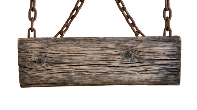 Isolated old rustic weathered wooden sign board hanging by strong heavy metal chains